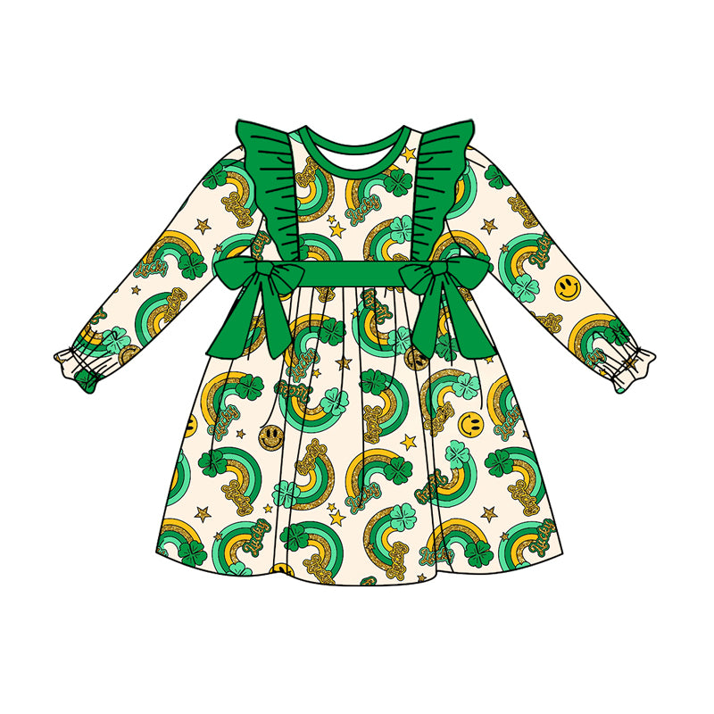 Baby Girl Long Sleeves St. Patrick Rainbow Smile Knee Length Dress Moq 5