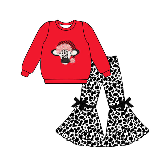 Baby Girl Long Sleeves Christmas Cow Red Shirt Bell Pants Set