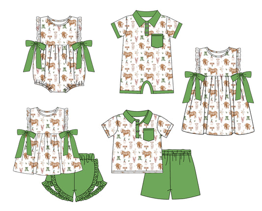 Baby Boy Girl Animals Sibling Matching Green Dress Romper Clothes Set ( Moq 5 Each style )