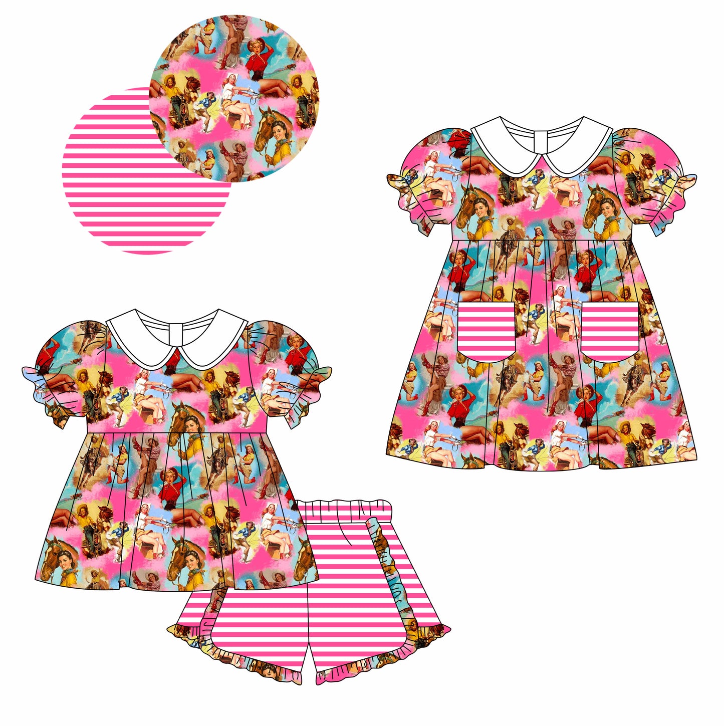 Baby Girl Short Sleeves Cowgirl Sibling Matching Dress Clothes Set ( Moq 5 Each Design )