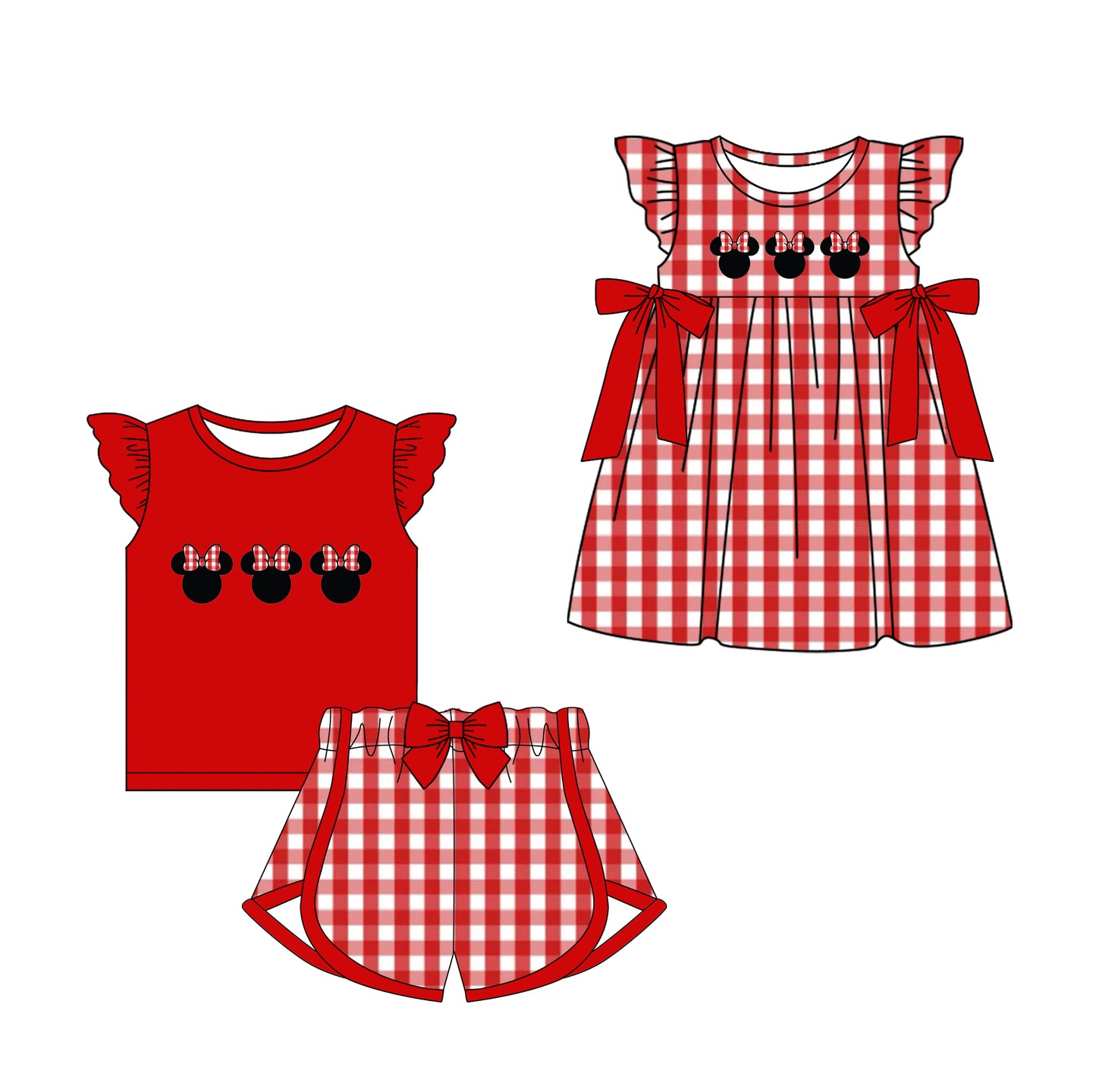 Baby Girl Mouse Red Plaid Sibling Matching Dress Clothes Set ( Moq 5 Each Design )