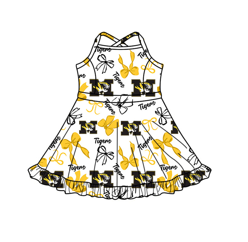 ( Moq 5 Each Style ) Baby Girls Kids Tigers Yellow Bows Sibling Team Shorts Dresses Set