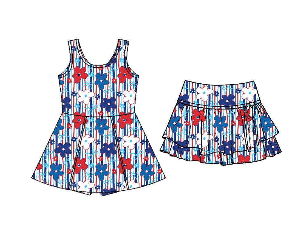 ( Moq 5 Each Style ) Baby Girls Kids Flower Bows Dress Ruffle Skort Sibling 4th of July Clothes