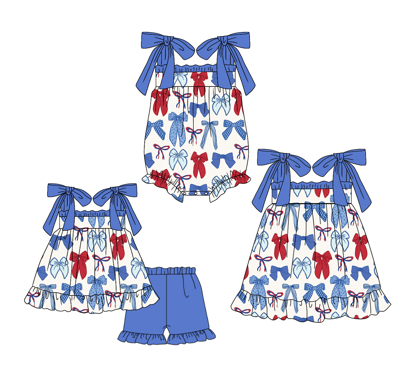 ( Moq 5 Each Style ) Baby Girls Kids Straps Red Blue Bows 4th of July Sibling Romper Dress Set Clothes