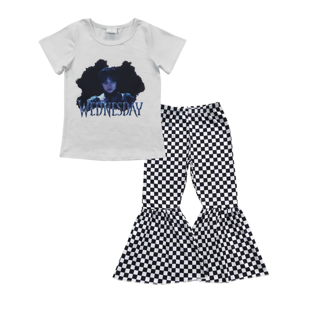 Baby Girl Short Sleeves Shirt Black Checkered Bell Pants Movie Outfit