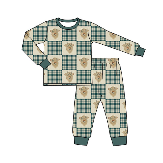 Baby Boy Long Sleeves Green Plaid Cow Western Shirt Pants Pajamas Set