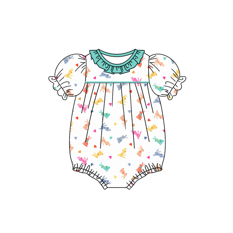 Baby Girl Infant Short Sleeves Rabbit Hearts Easter Bubble Romper