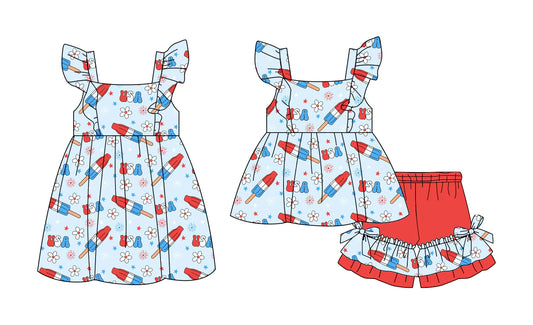 ( Moq 5 Each Style ) Baby Girls Kids Short Sleeves Popsicles Flower Sibling 4th of July Dress Set