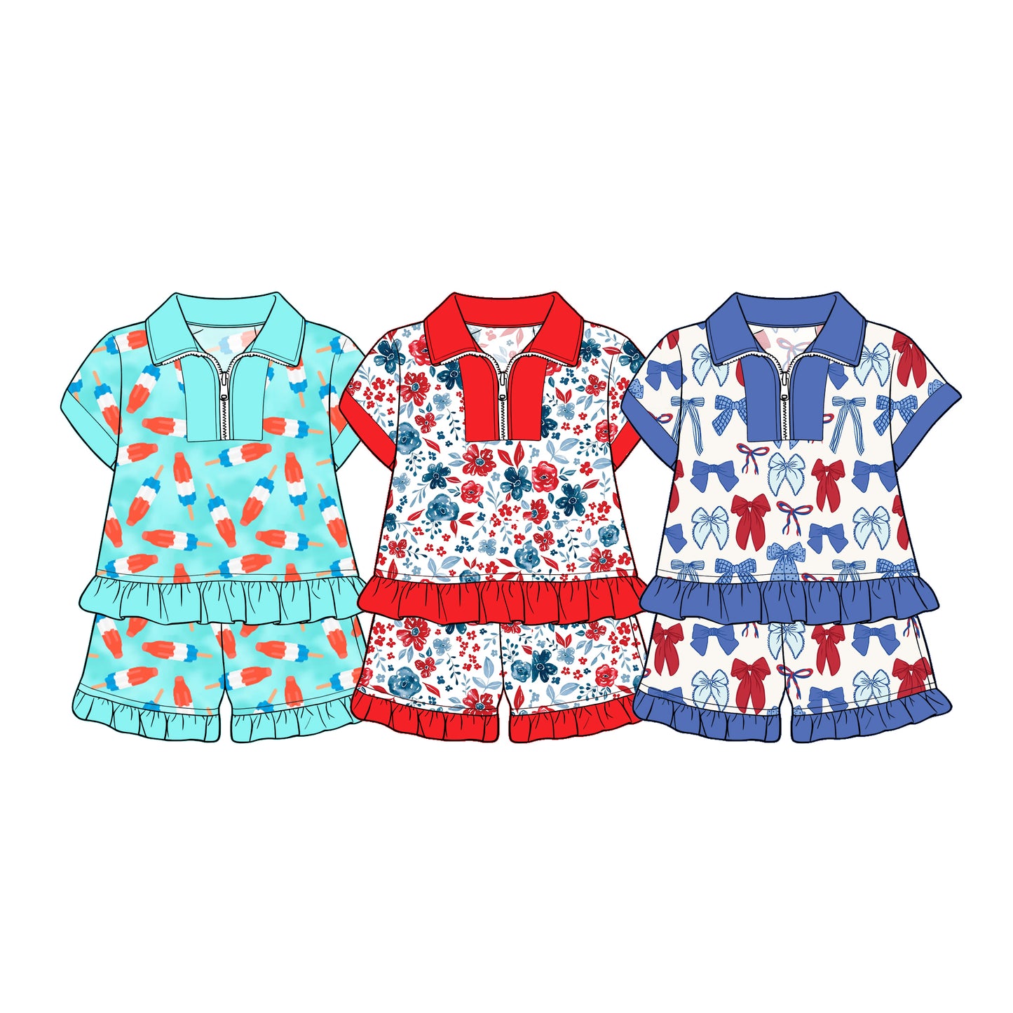 ( Moq 5 Each Style ) Sibling Baby Girls Kids Short Sleeves Zipper Shirt Shorts Sets 4th of July Clothes