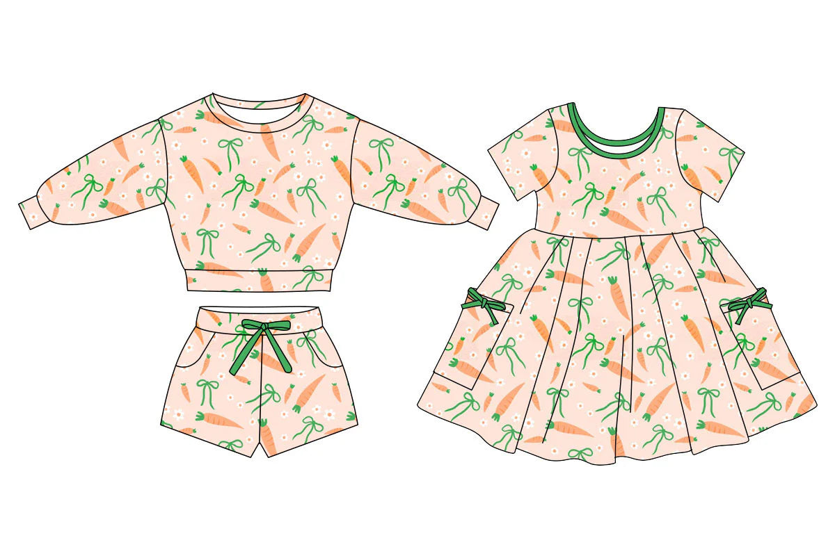 ( Moq 5 Each Style ) Baby Girls Kids Carrots Bows Floral Sibling Easter Pockets Dress Set