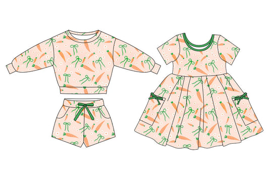 ( Moq 5 Each Style ) Baby Girls Kids Carrots Bows Floral Sibling Easter Pockets Dress Set