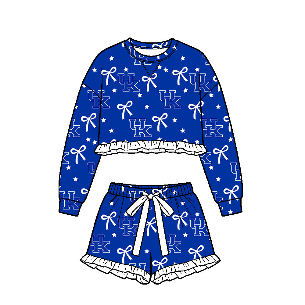 ( Moq 5 ) Custom Baby Girls Kids Long Sleeves Bows Shirt Shorts Team Set Blue Clothes