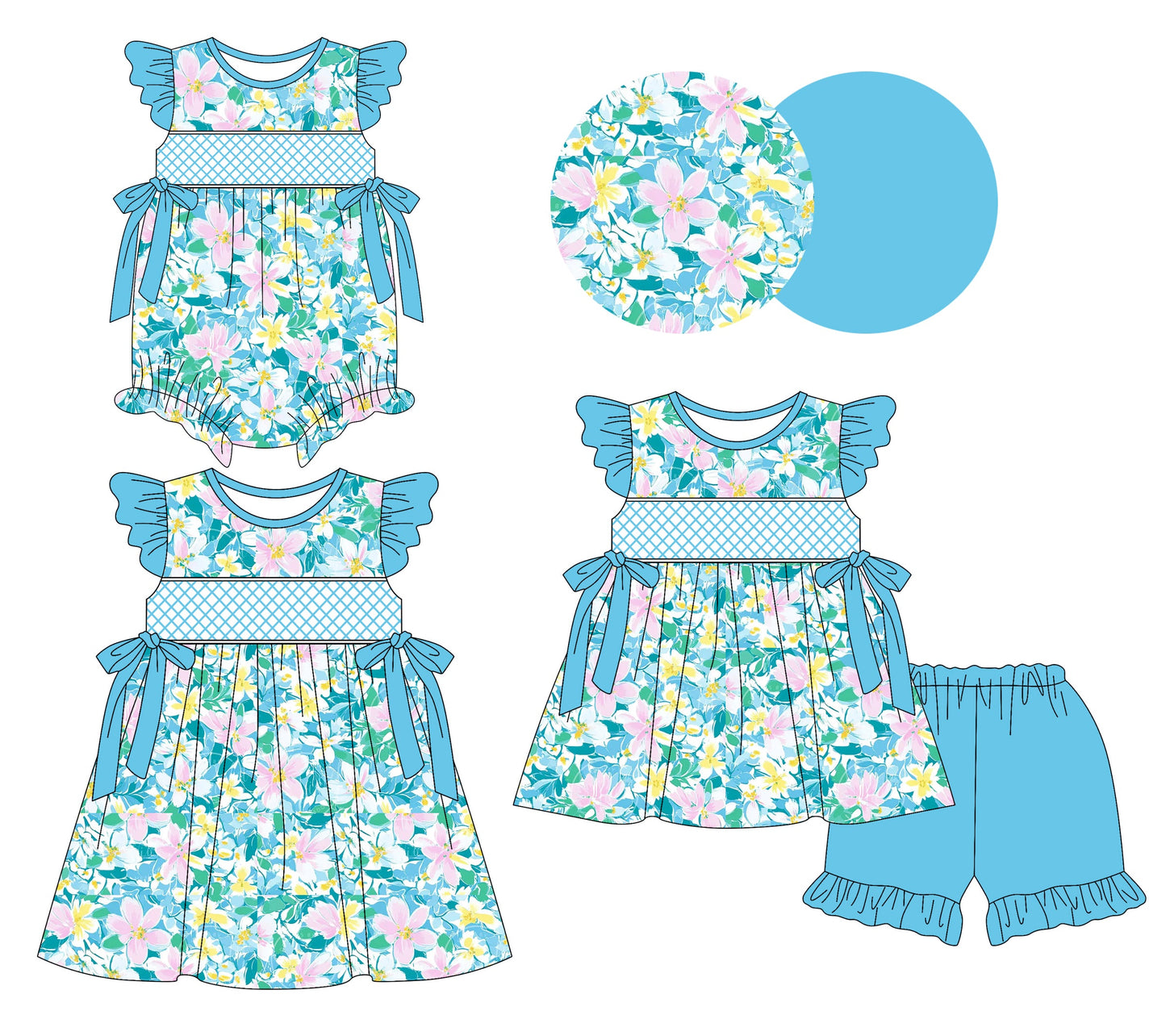 Baby Girl Blue Short Sleeves Bows Flower Sibling Romper Dress Set ( Moq 5 Each Style ) 3.7