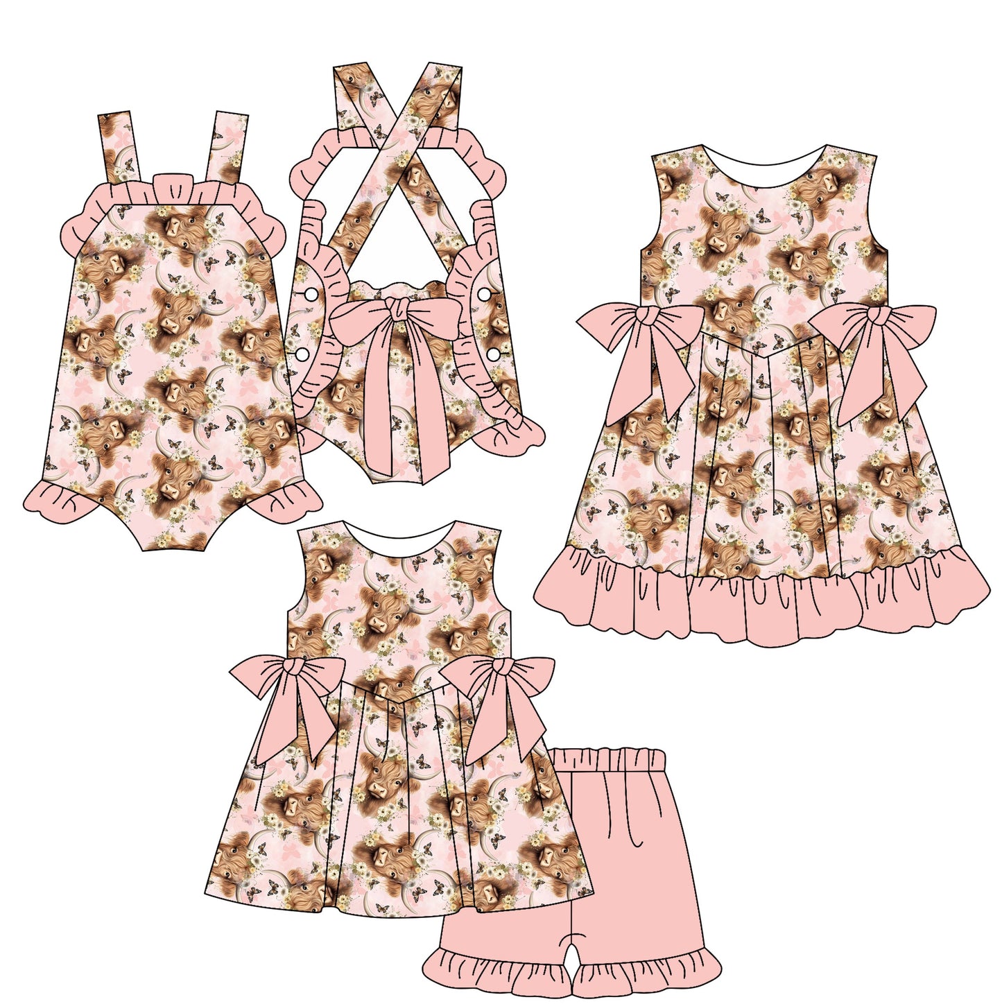 Baby Girl Western Cow Pink Bows Sibling Romper Dress Set ( Moq 5 Each Style ) 2.15