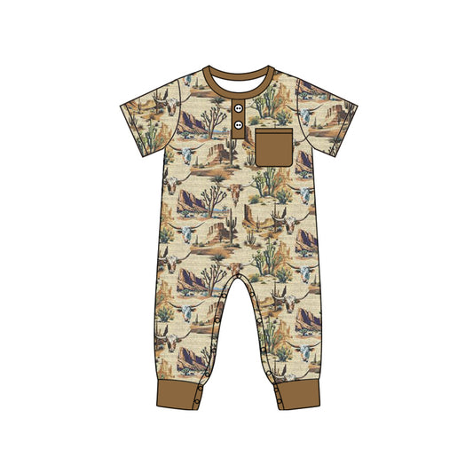 Baby Boy Infant Short Sleeves Western Cow Cactus Pocket Romper Moq 5