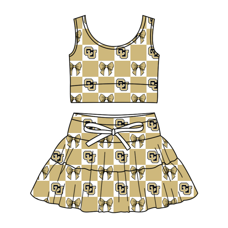 ( Moq 5 ) Baby Girls Kids Sleeveless Hhaki Bows Checked Tops Shorts Skirt Team Set