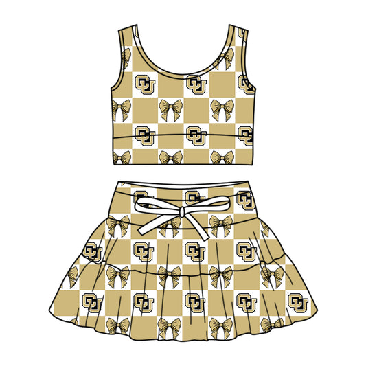 ( Moq 5 ) Baby Girls Kids Sleeveless Hhaki Bows Checked Tops Shorts Skirt Team Set