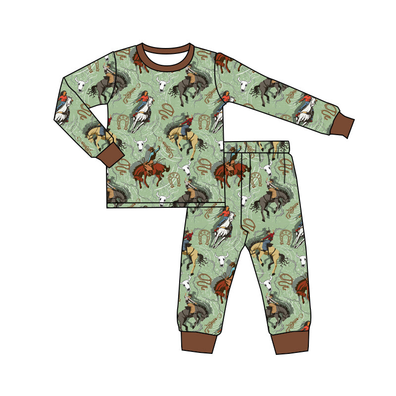 Baby Boy Long Sleeves Western Rodeo Green Shirt Pants Pajamas Set