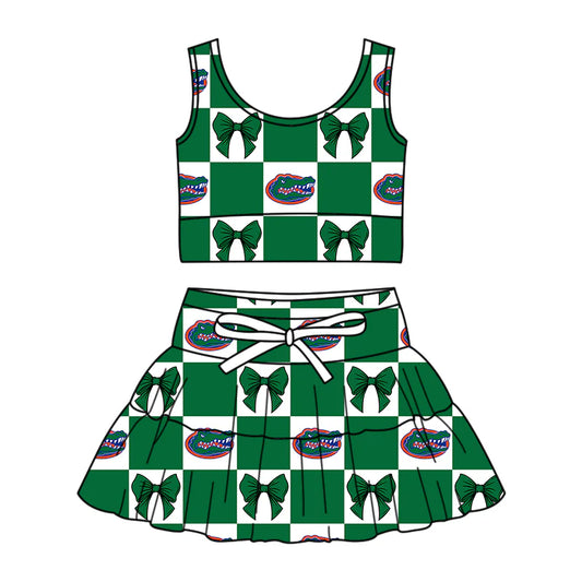 ( Moq 5 Each Style ) Baby Girls Kids Toddler Sleeveless Green Bows Plaid Tops Shorts Skirt Team Set