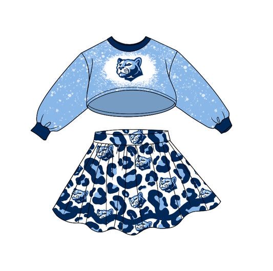 Baby Girl Light Blue Long Sleeves Tops Leopard Skirt Team Kids Outfit Moq 5