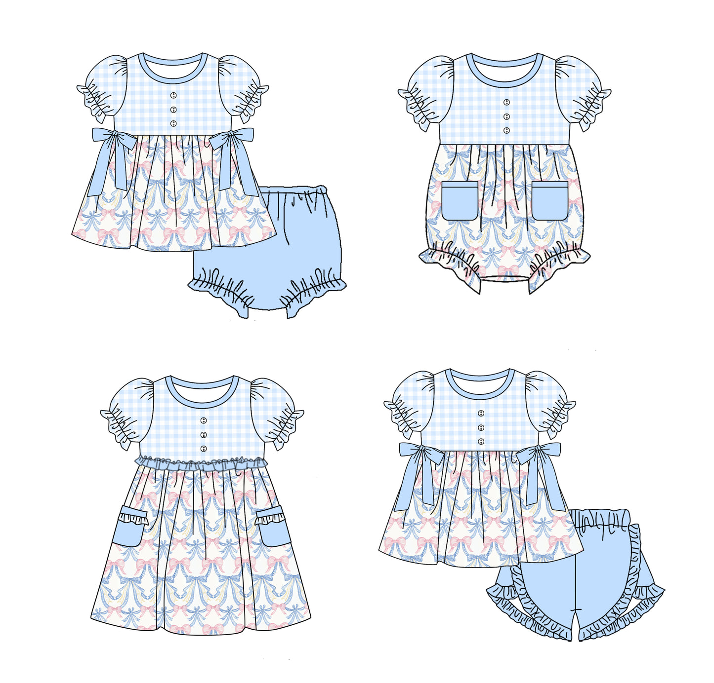 Baby Girl Short Sleeves Bows Plaid Blue Sibling Romper Dress Clothes Set ( Moq 5 Each Design )