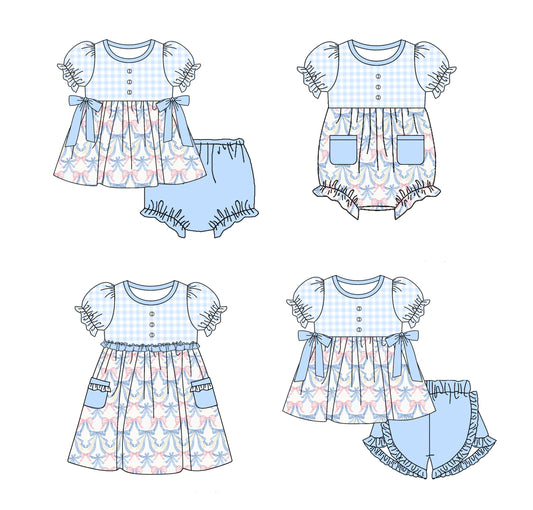 Baby Girl Short Sleeves Bows Plaid Blue Sibling Romper Dress Clothes Set ( Moq 5 Each Design )