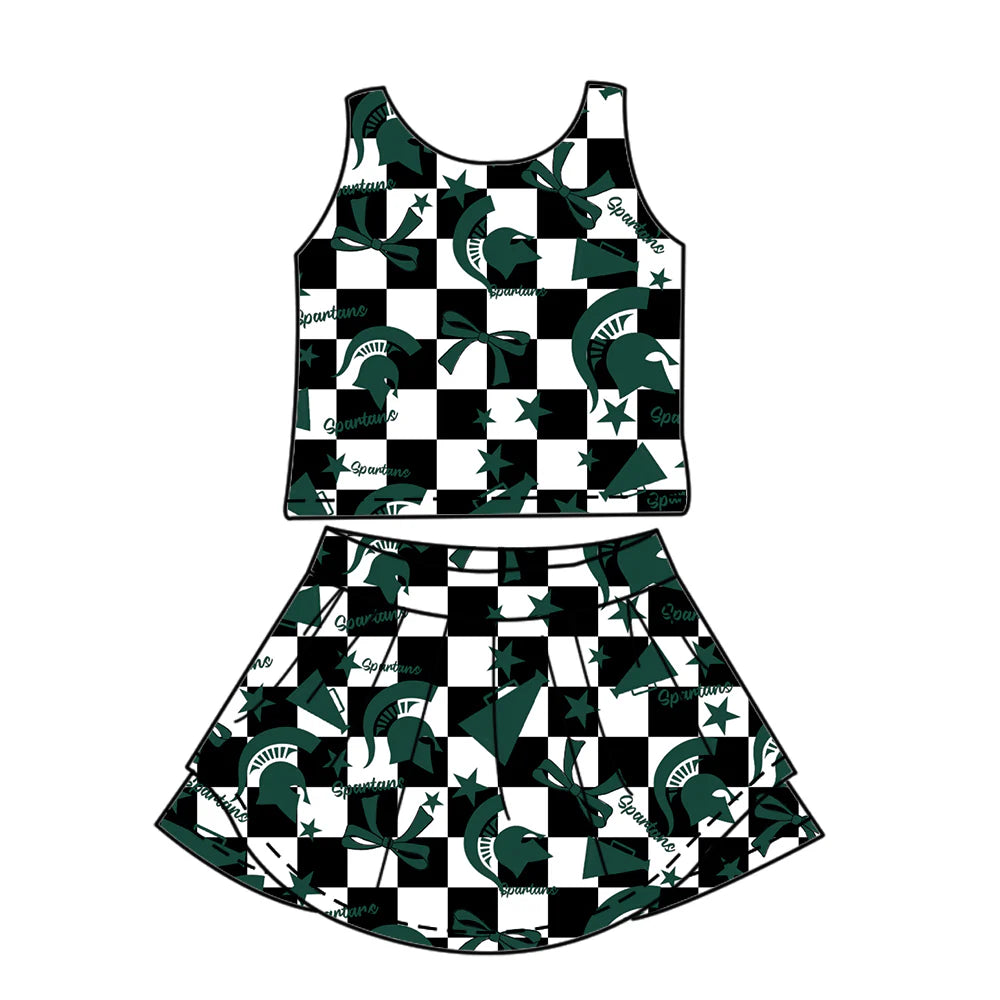 ( Moq 5 each style ) Baby Girl Toddler Team Green Bows Cheer Sibling Checked Dress Set 6.30