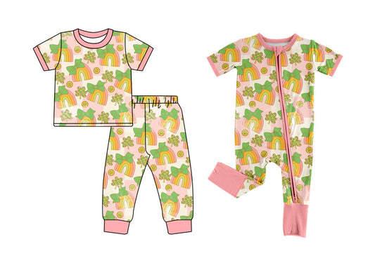 Baby Girl Short Sleeves St Patrick Rainbow Bows Sibling Romper Set ( Moq 5 Each Design ) 12.7