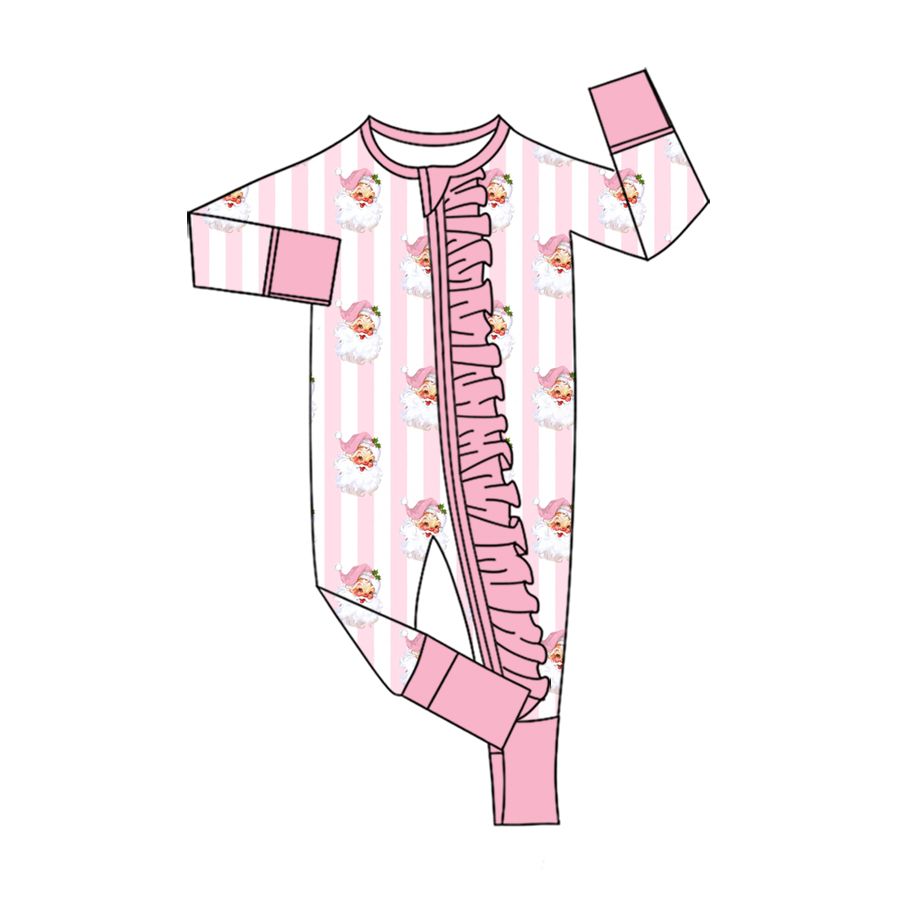 ( Moq 5 ) Preorder Baby Girls Kids Santa Stripes Pink Ruffle Zipper Sleeper Footie Romper Christmas Clothes