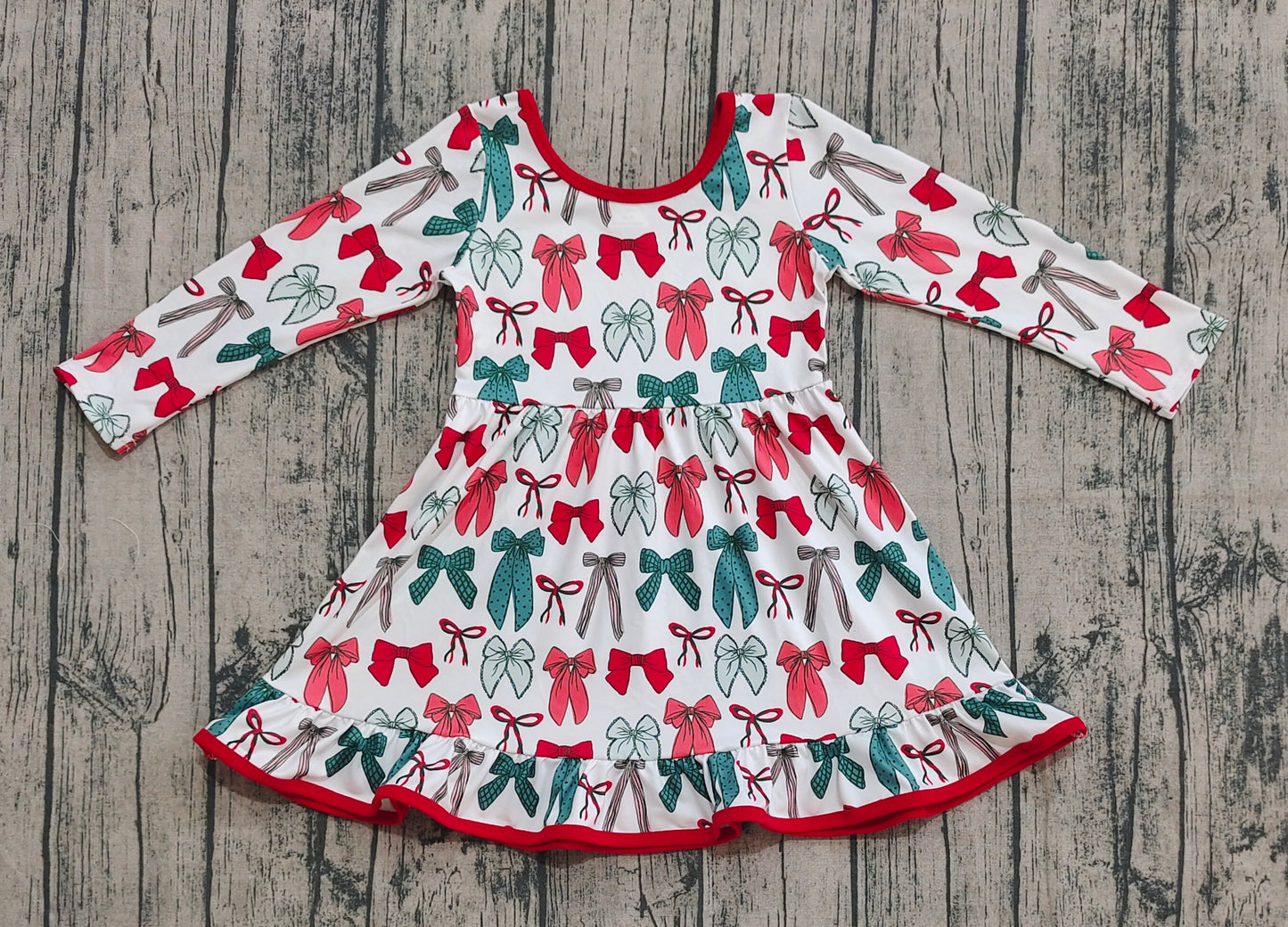 Baby Girl Long Sleeves Red Green Bows Christmas Knee Length Dress RTS