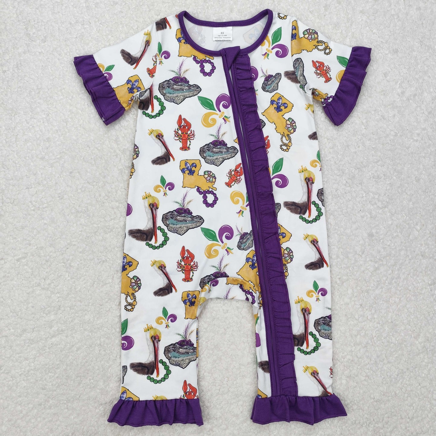 RTS Baby Girl Infant Short Sleeves Mardi Gras Bird Crawfish Ruffle Zipper Romper