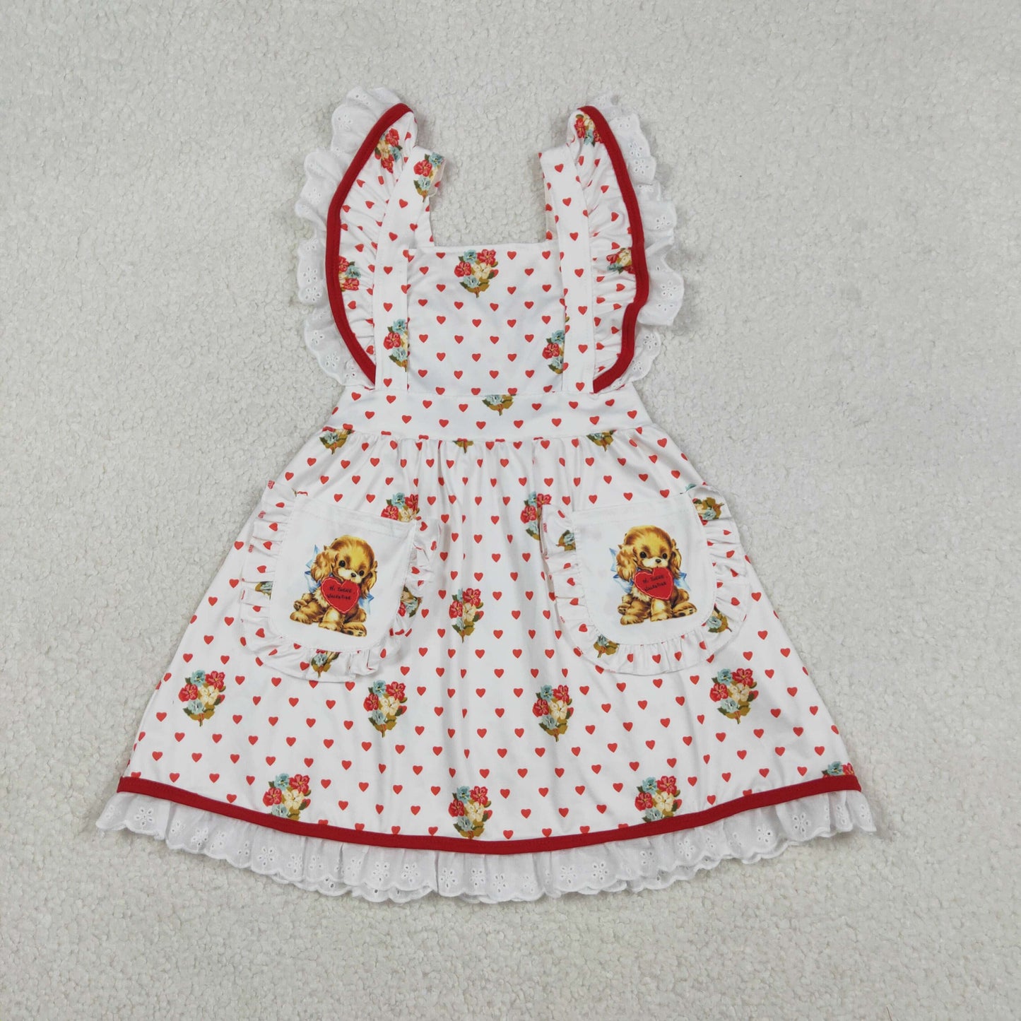 Baby Girls Hearts Flower Valentine Dogs Pockets Knee length Dress RTS
