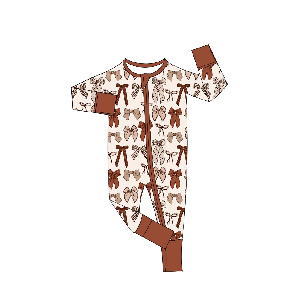 ( Moq 5 ) Preorder Baby Girls Kids Long Sleeves Bows Zipper Sleeper Footie Romper Brown Clothes