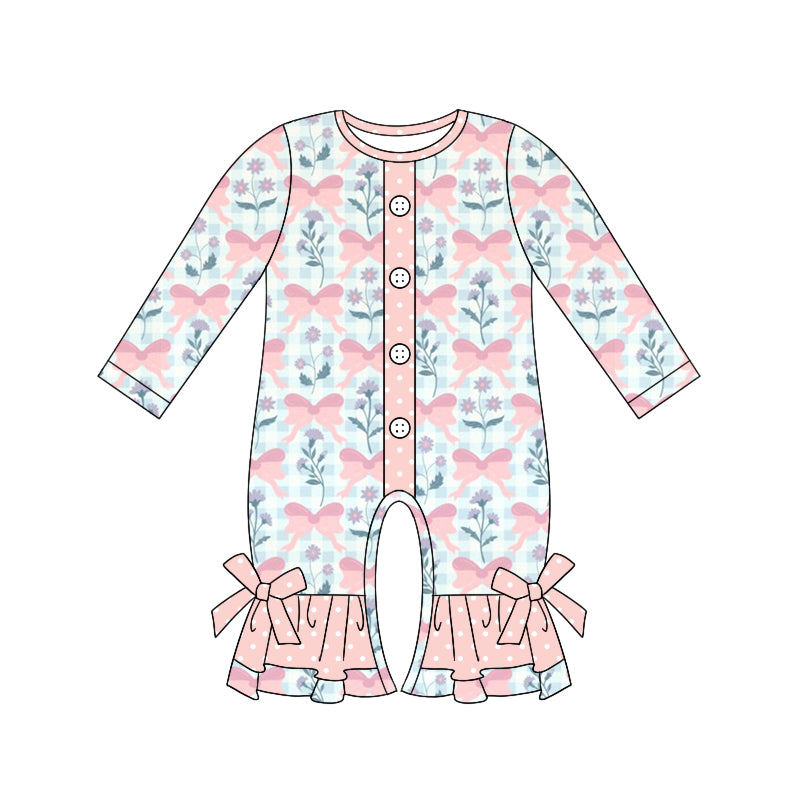 Baby Girl Long Sleeves Bows Floral Plaid Romper