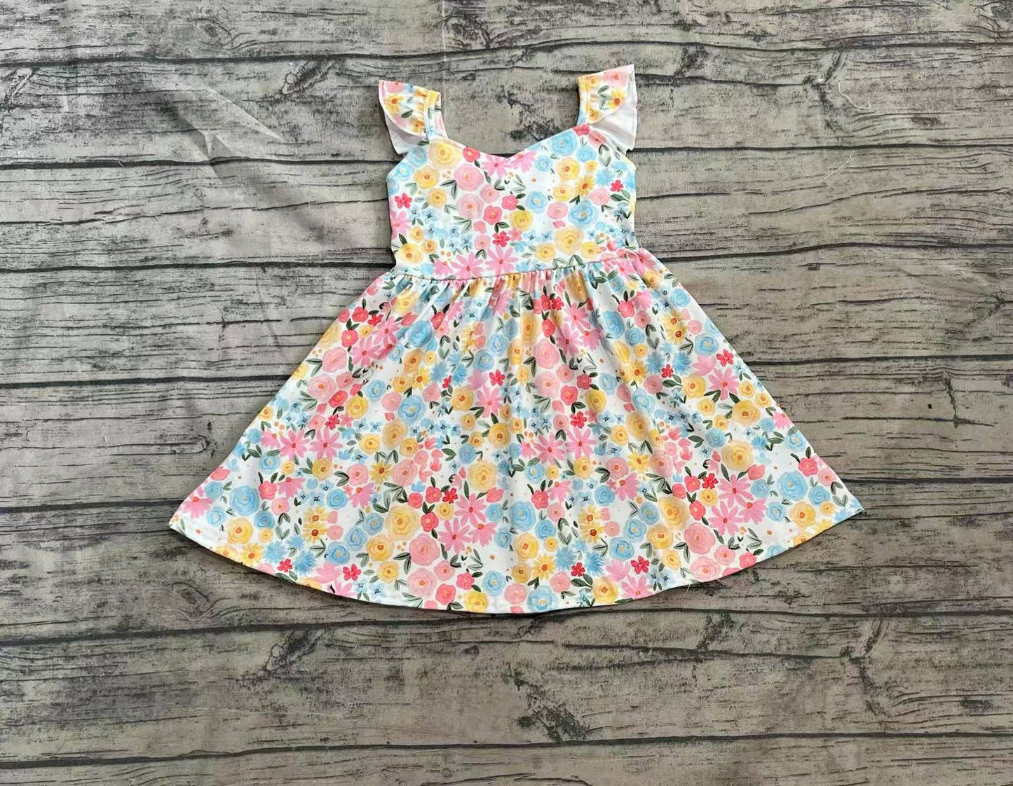 Baby Girl Short Sleeves Flower Bow Knee Length Yellow Dress RTS