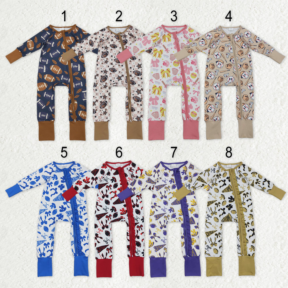 Sibling Baby Boys Girls Kids Football Baseball Cheer Zipper Footie Sleeper Team Rompers RTS