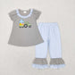 BSPO0194 Baby Boy Embroidery Tractor Eggs Shirt Stripes Pants Easter Set Pajamas