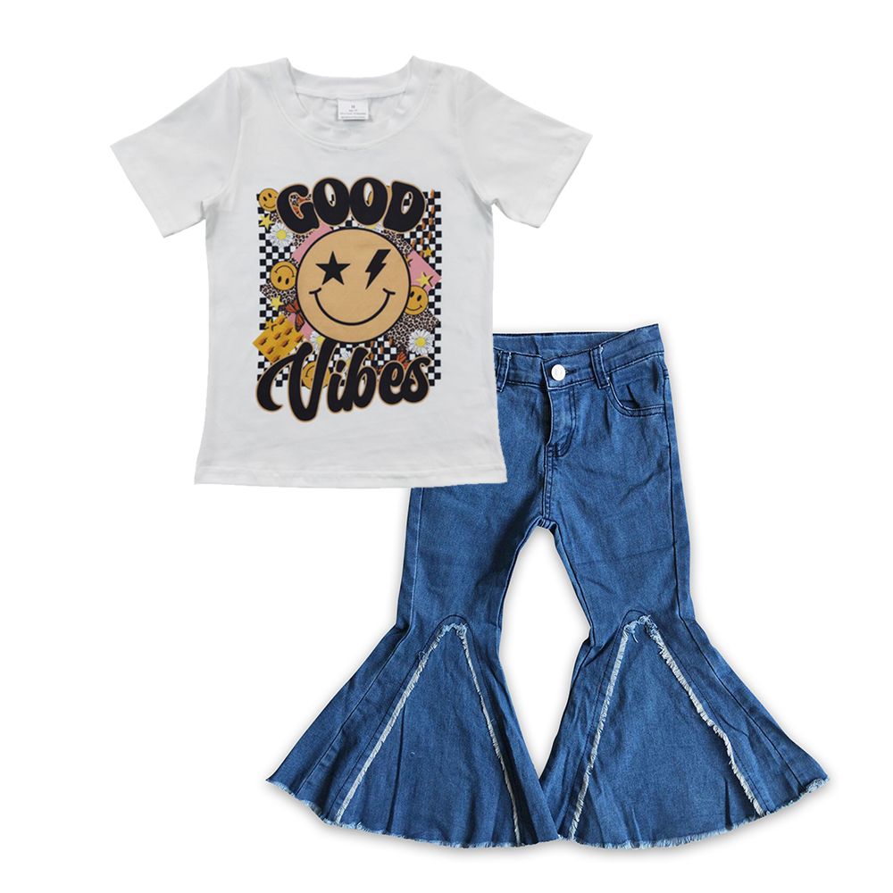 Baby Girl Short Sleeves Good Vibes Shirt Blue Denim Bell Pants Outfit