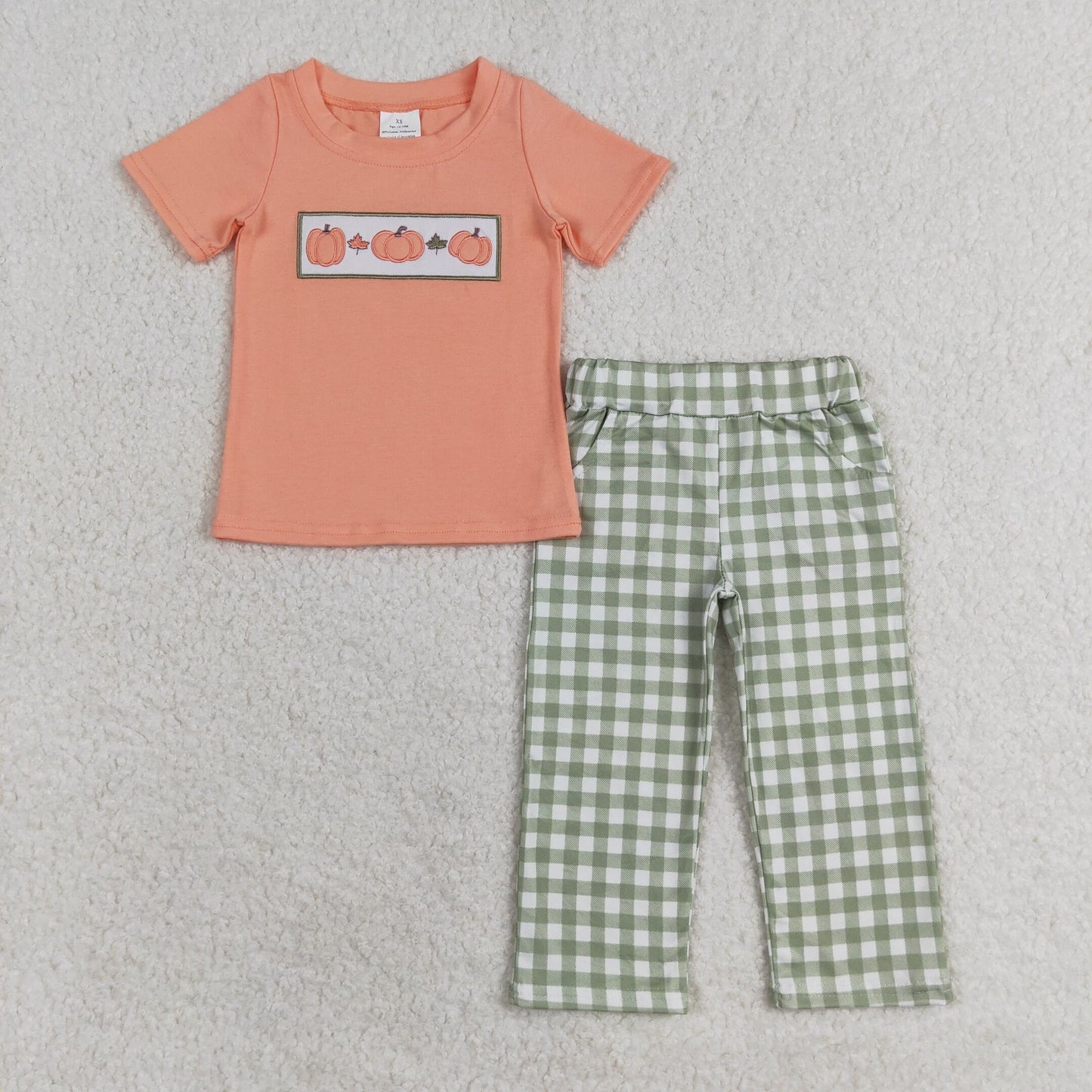 Baby Boy Short Sleeves Embroidery Pumpkin Shirt Green Plaid Pocket Pants Set