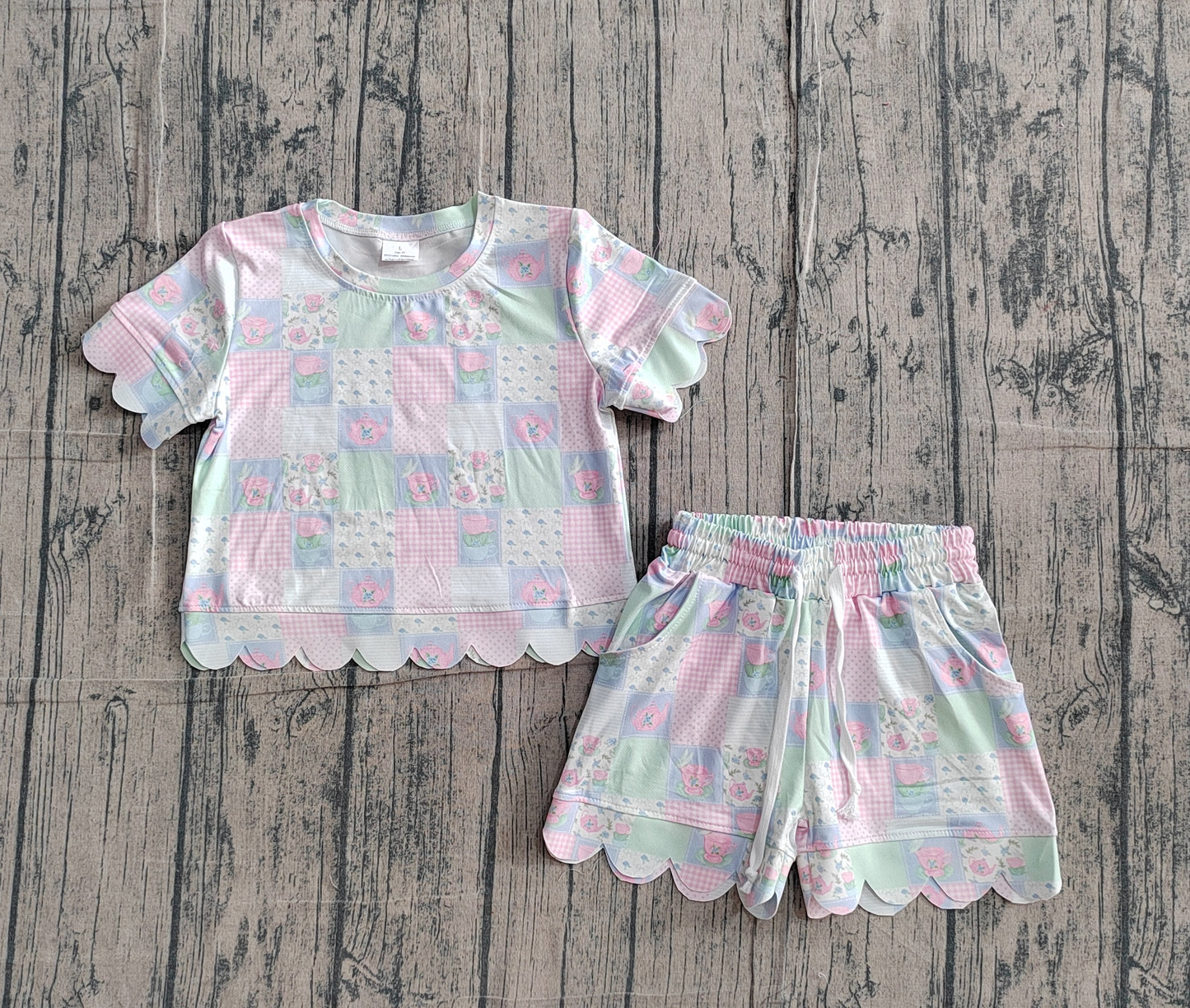 Baby Girls Kids Short Sleeves Flower Plaid Shirt Scallop Shorts Clothes Set RTS