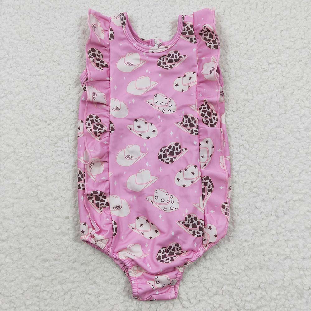 S0100 Baby Girl Pink Western Hats One Piece Summer Swimsuit