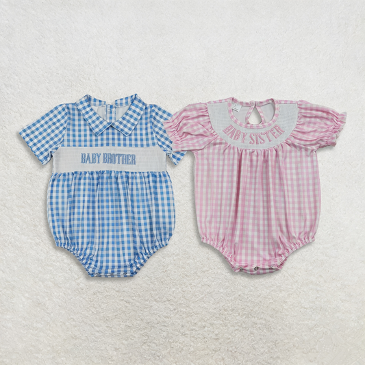 Sibling Baby Boys Girls Toddler Short Sleeves Embroidery Brother Sister Plaid Bubble Rompers RTS
