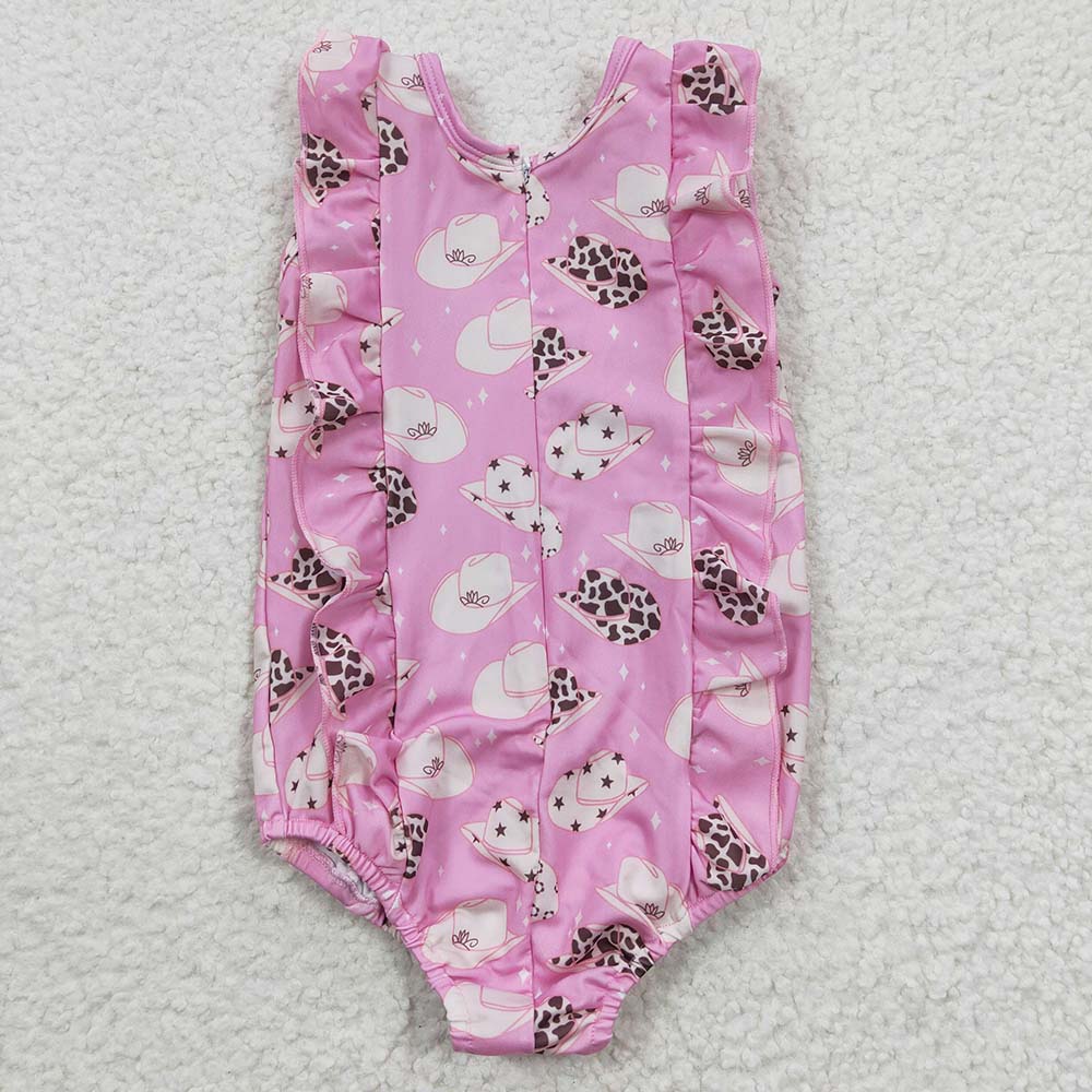 S0100 Baby Girl Pink Western Hats One Piece Summer Swimsuit