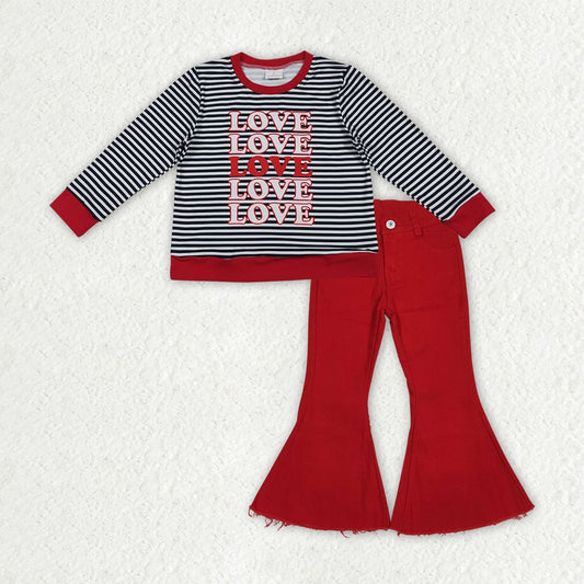 Baby Girls Long Sleeves Love Stripes Shirt Red Denim Pants Valentines Clothes Set RTS