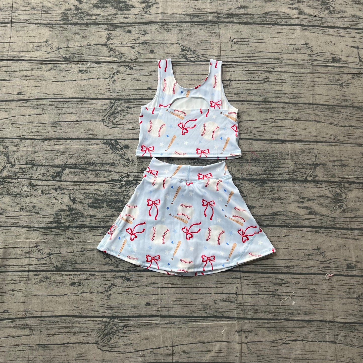Baby Girls Kids Baseball Bows Tops Blue Skirt Shorts Yoga Summer Set RTS