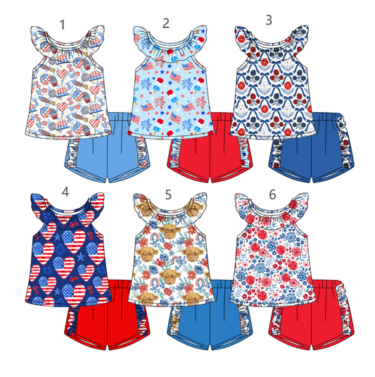 ( Moq 5 Each Style ) Sibling Baby Girls Kids 4th of July Shirt Shorts Sets Summer Clothes