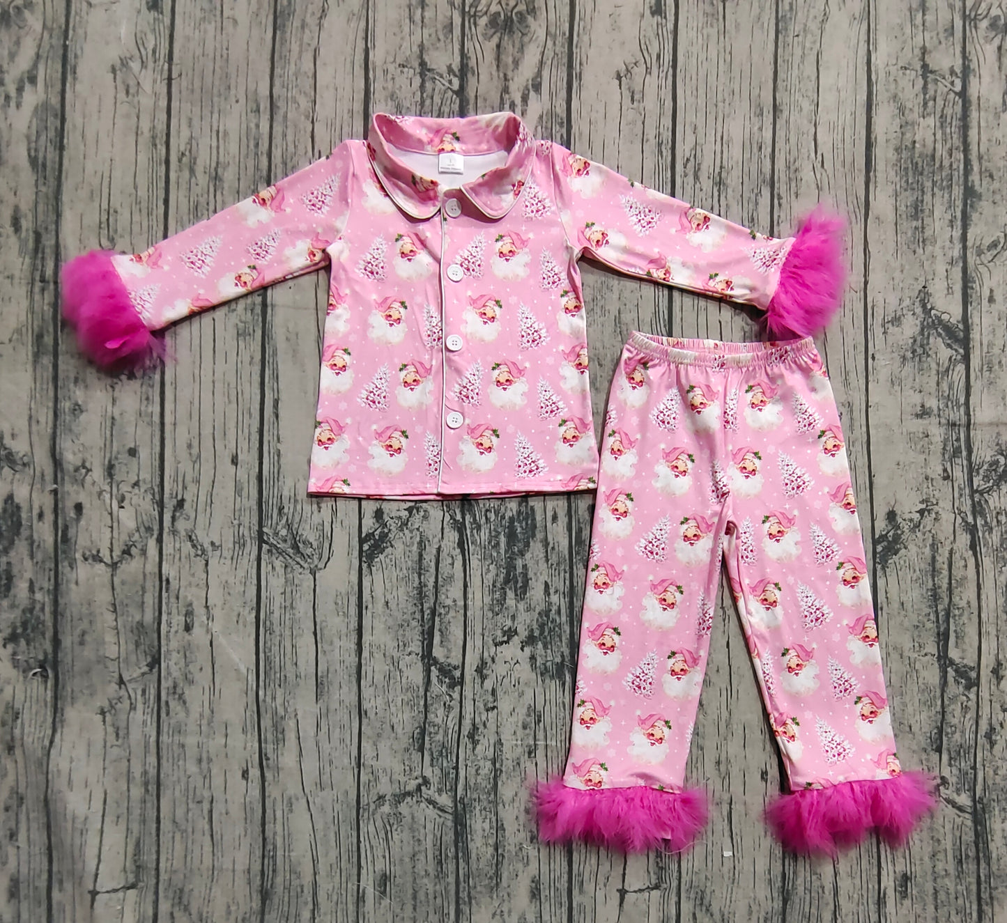 Baby Girl Fur Long Sleeves Santa Christmas Buttons Shirt Pants Pink Pajamas Clothes Set RTS