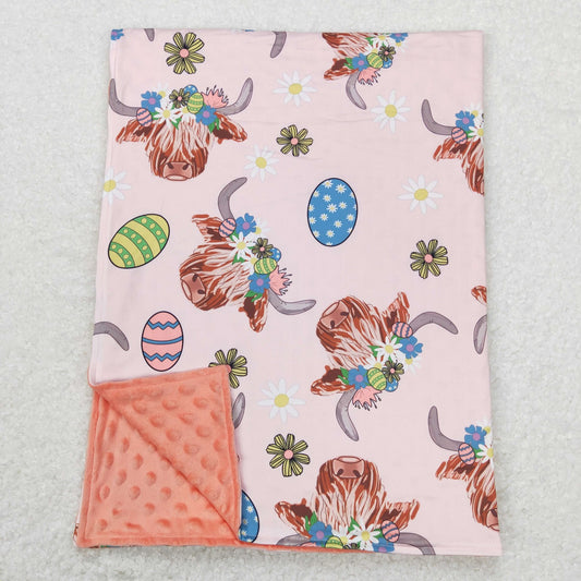 BL0095 Easter Baby Girl Cow Eggs Floral Pink Blanket