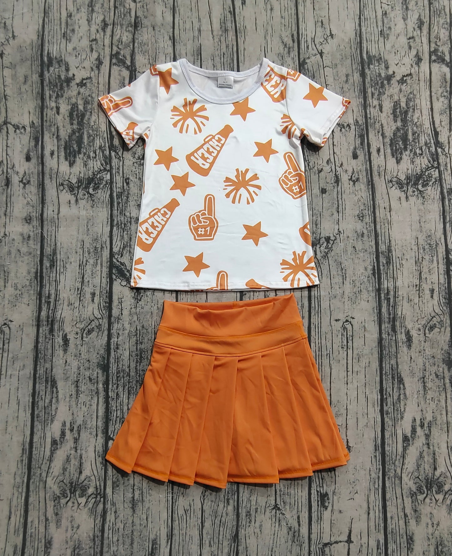 Preorder Baby Girl Short Sleeves Cheer Shirt Orange Skorts Yoga Active Outfit（ No moq ）