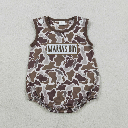 Baby Kids Sleeveless Embroidery Mama's Boy Brown Camo Bubble Summer Romper RTS
